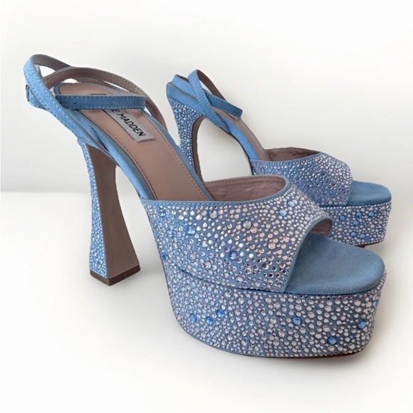 Steve Madden Blue Lightness Rhinestone Chunky Platform Heels Sandals Shoes - Picture 1 of 9